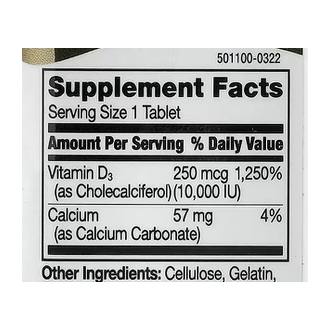 21st Century, Vitamin D3, 250 mcg (10,000 IU), 110 Tablets supplement facts label showing ingredients, vitamins, minerals, and serving information