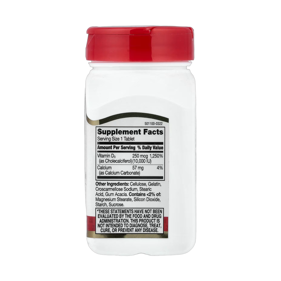 21st Century, Vitamin D3, 250 mcg (10,000 IU), 110 Tablets back packaging view