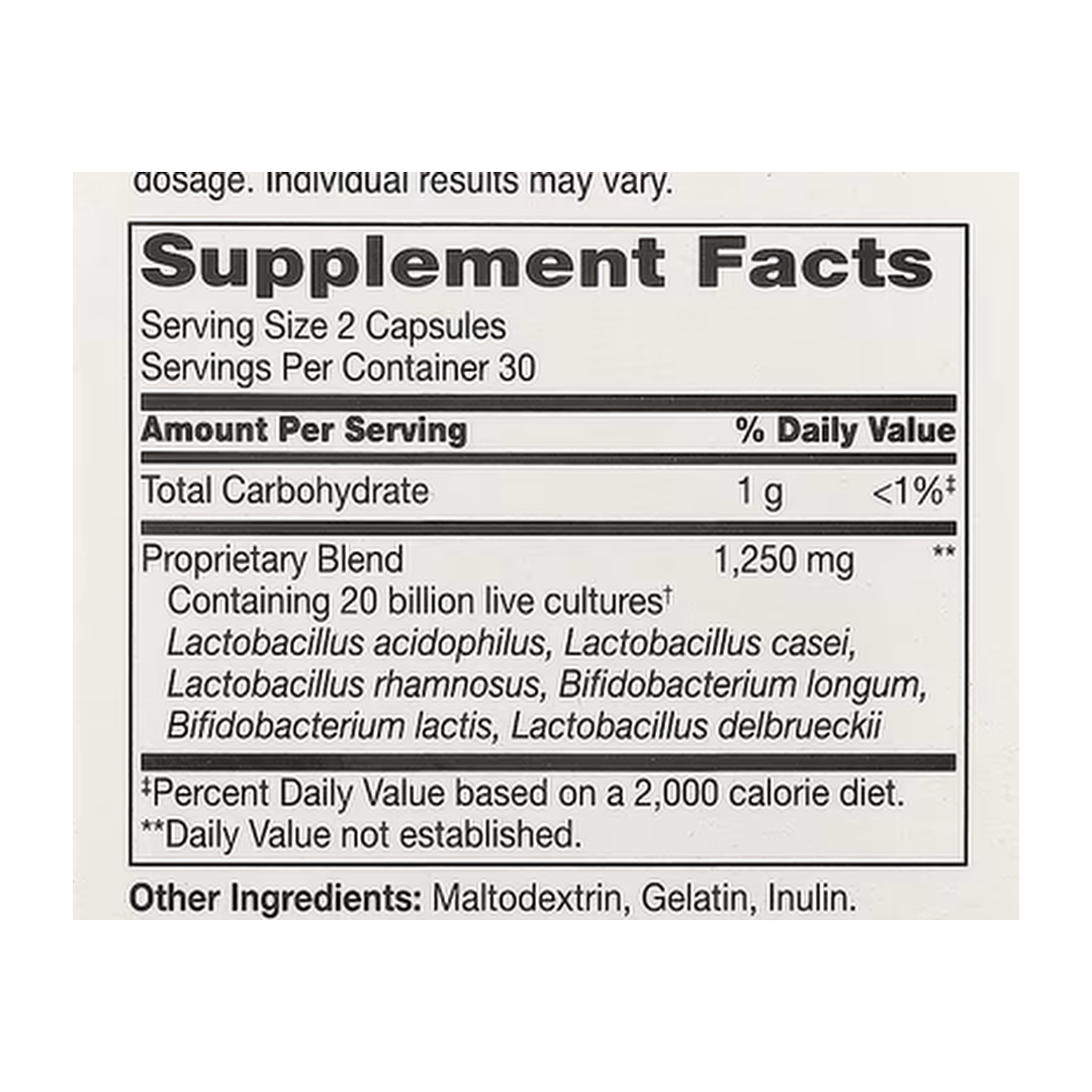 21st Century, Ultra Potency Advanced Probiotic, 60 Capsules supplement facts label showing ingredients, vitamins, minerals, and serving information