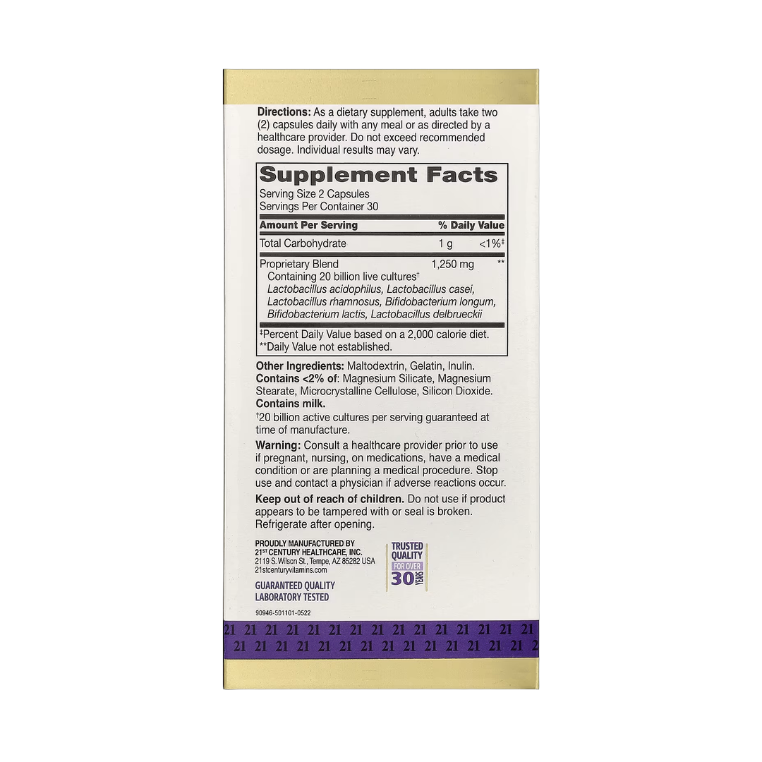 21st Century, Ultra Potency Advanced Probiotic, 60 Capsules back packaging view