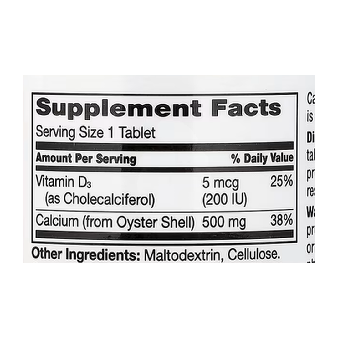 21st Century, Calcium 500 + D3, 90 Tablets supplement facts label showing ingredients, vitamins, minerals, and serving information