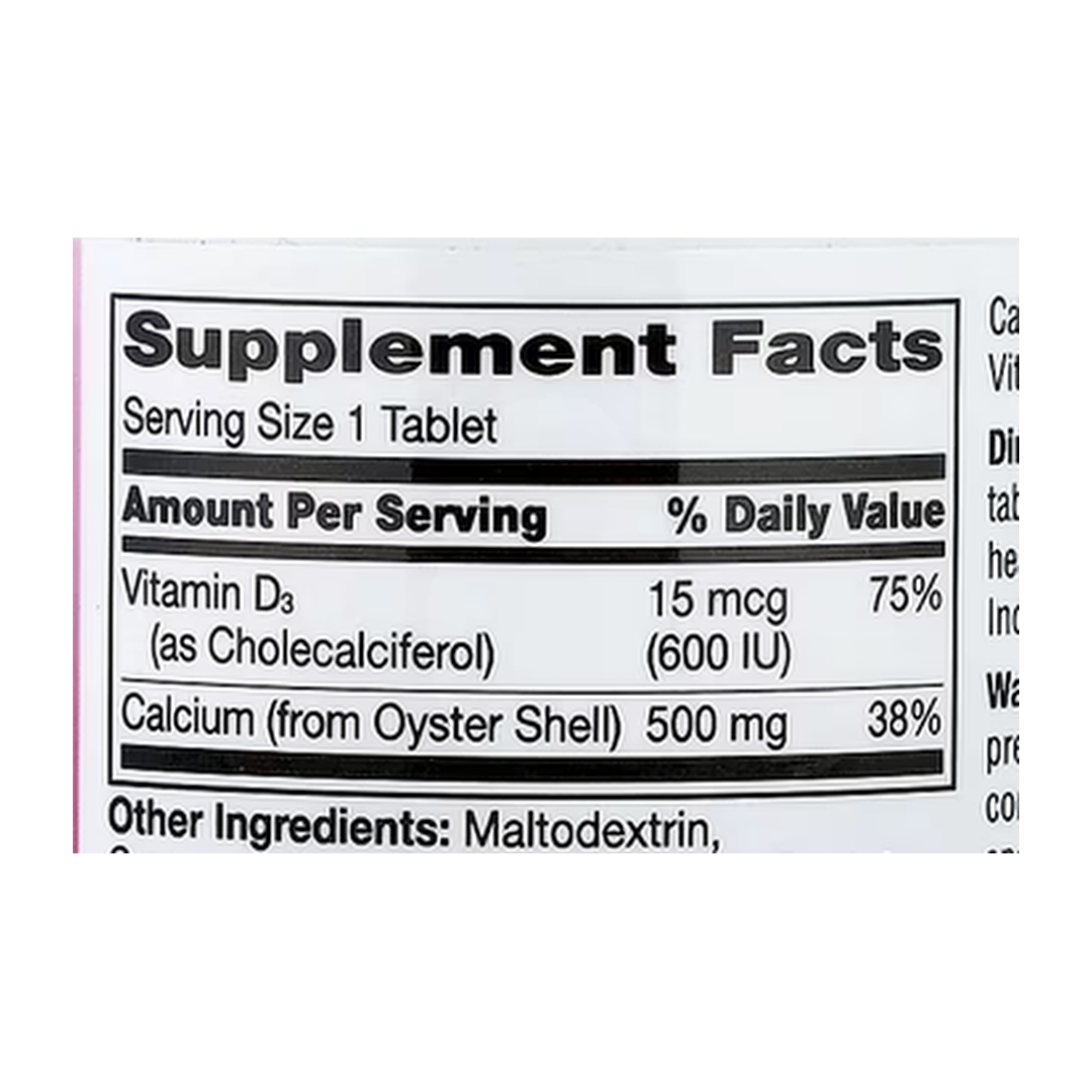 21st Century, Calcium 500 + D3, 90 Tablets supplement facts label showing ingredients, vitamins, minerals, and serving information