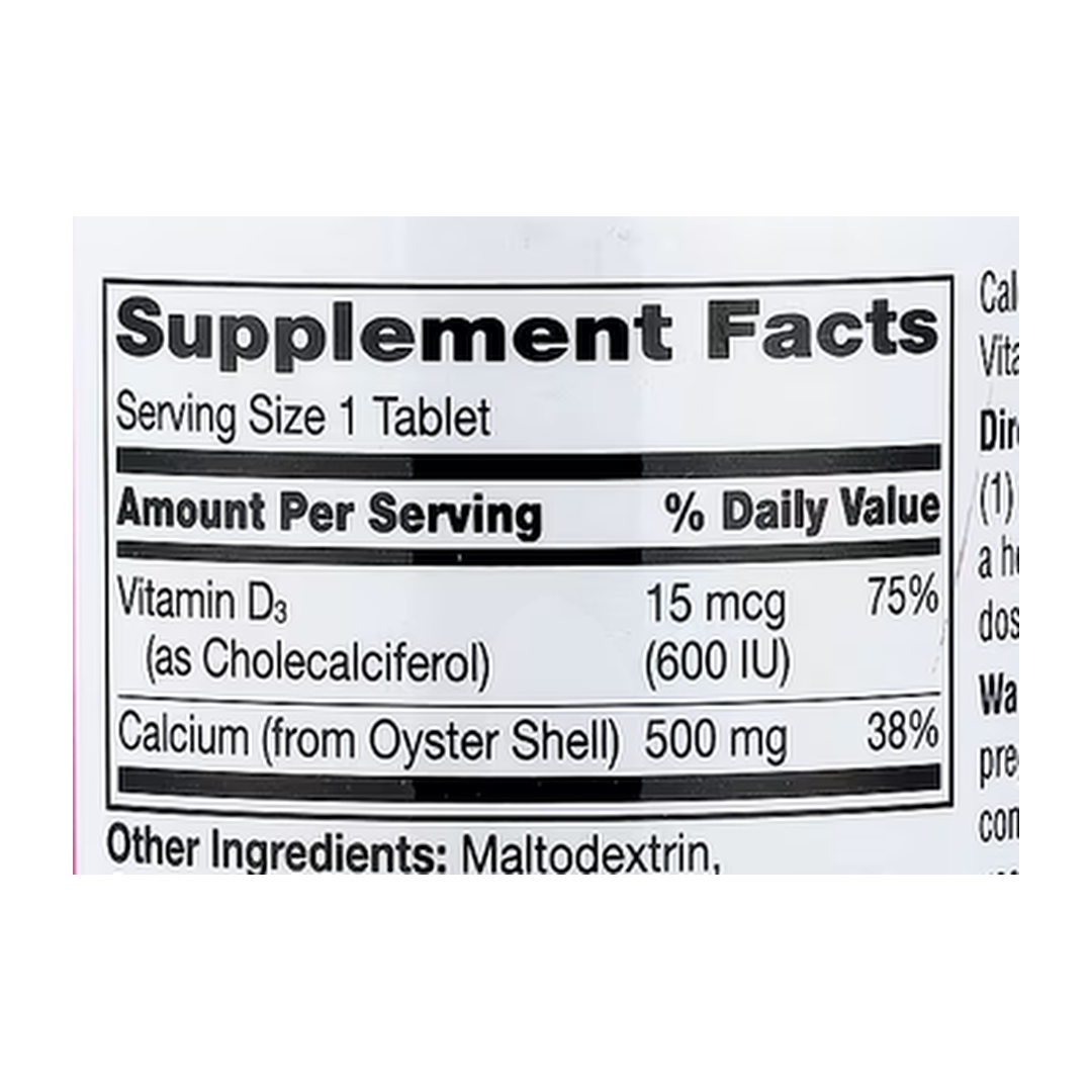 21st Century, Calcium 500 + D3, 400 Tablets supplement facts label showing ingredients, vitamins, minerals, and serving information