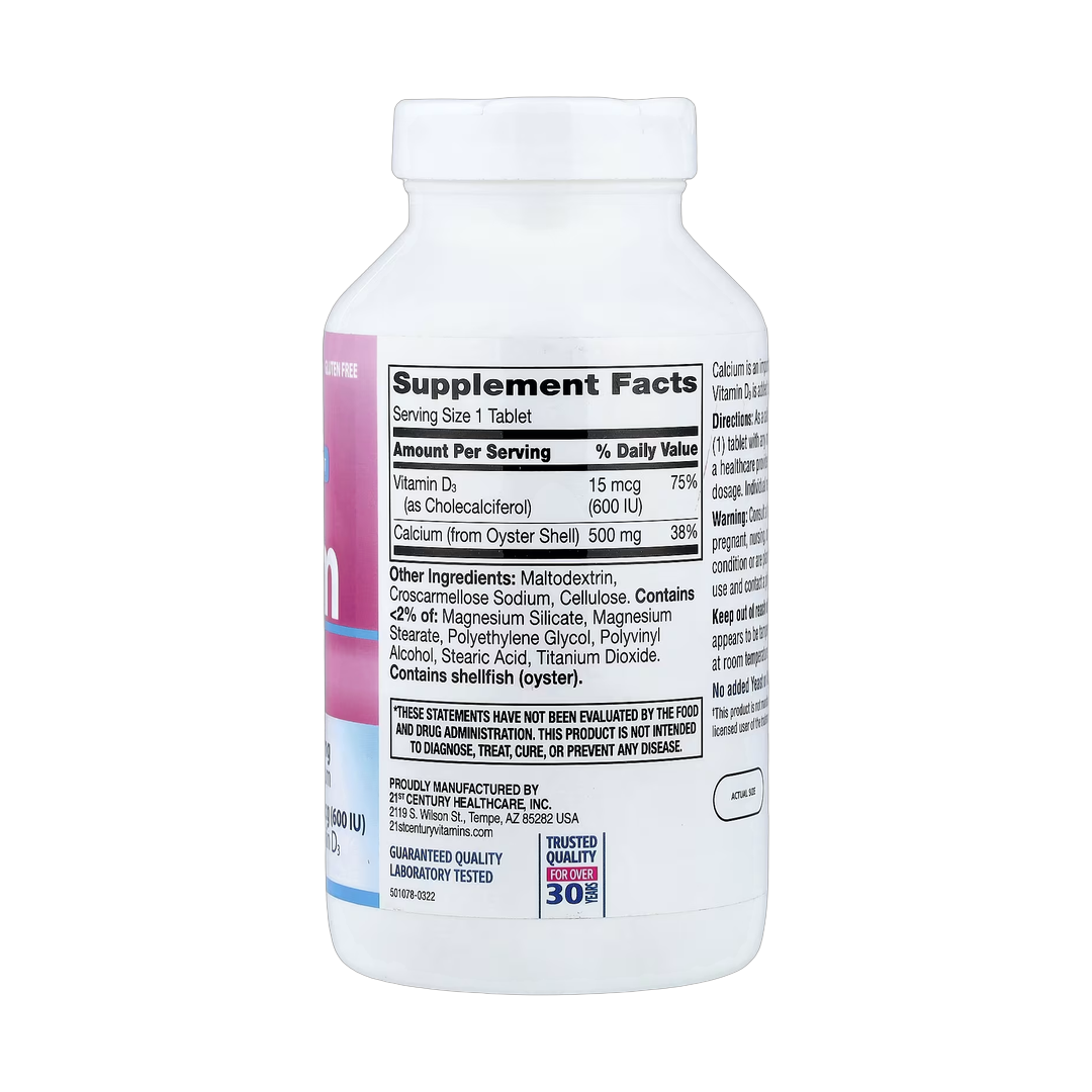 21st Century, Calcium 500 + D3, 400 Tablets back packaging view