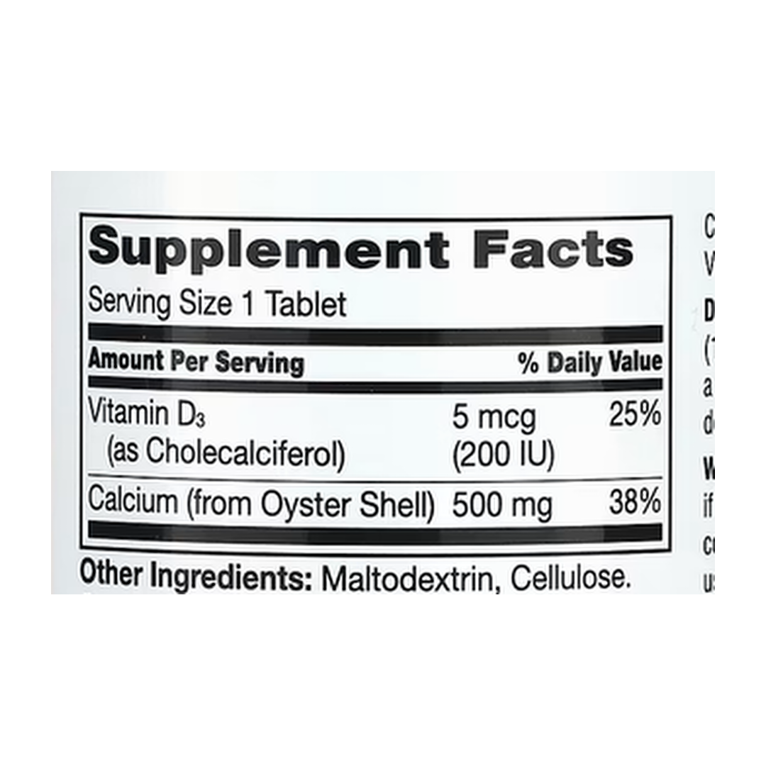21st Century, Calcium 500 + D3, 400 Tablets supplement facts label showing ingredients, vitamins, minerals, and serving information