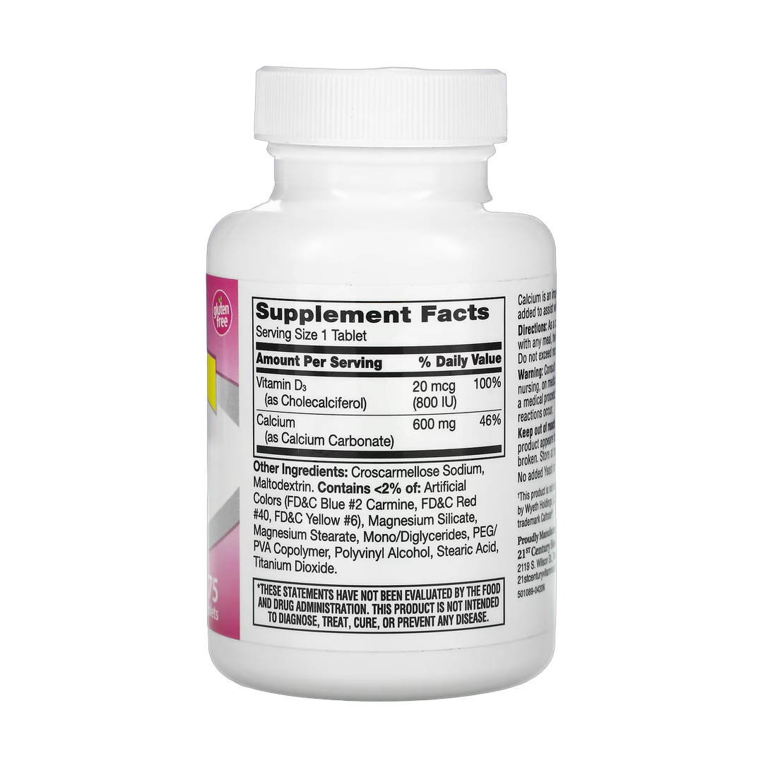 21st Century, 600+D3, Calcium & Vitamin D3 Supplement, 75 Tablets back packaging view