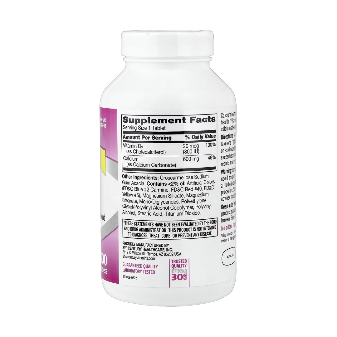 21st Century, 600+D3, Calcium & Vitamin D3 Supplement, 400 Tablets back packaging view