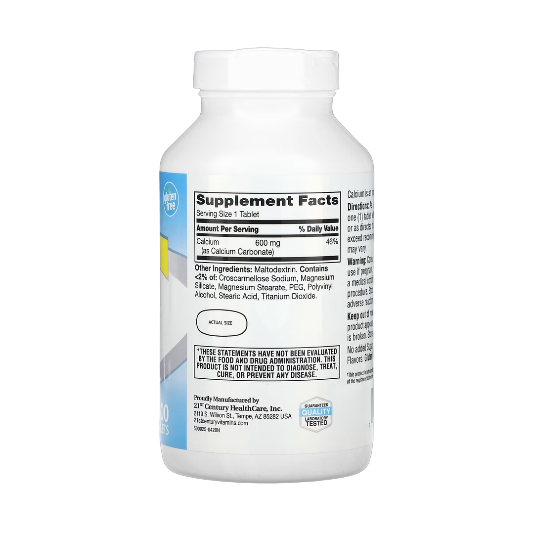 21st Century, Calcium Supplement 600, 400 Tablets back packaging view