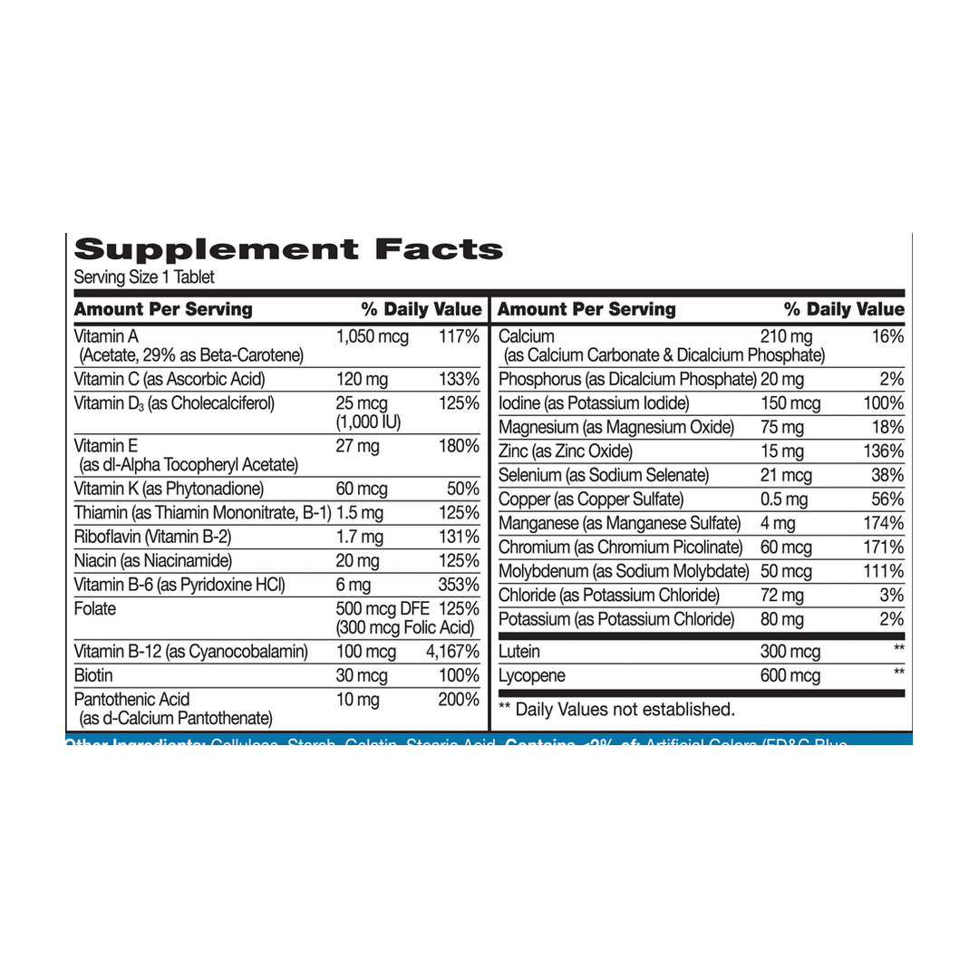 21st Century, Sentry Senior, Men's 50+, Multivitamin & Multimineral Supplement, 100 Tablets supplement facts label showing ingredients, vitamins, minerals, and serving information