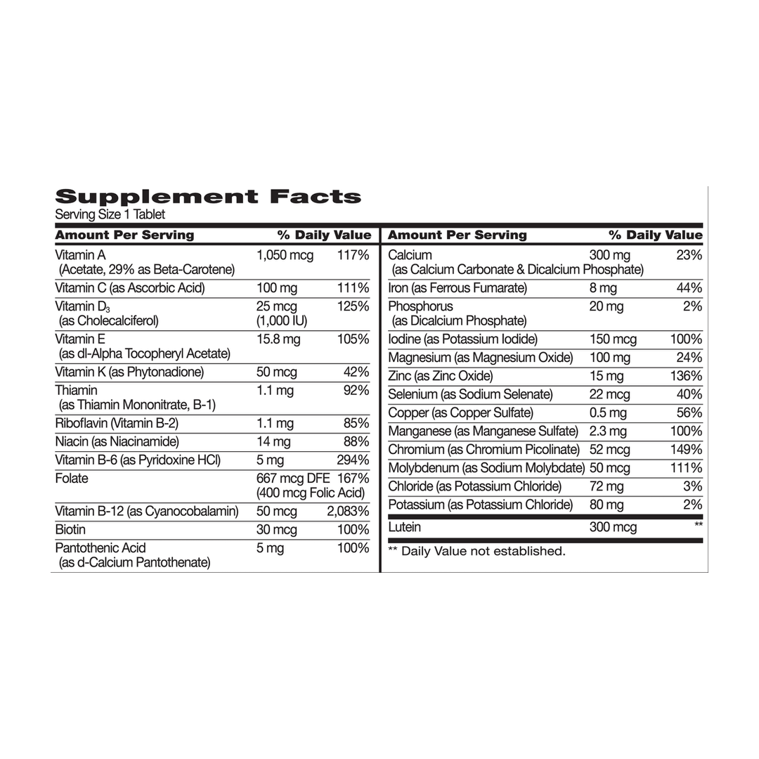 21st Century, Sentry Senior, Women's 50+, Multivitamin & Multimineral Supplement, 100 Tablets supplement facts label showing ingredients, vitamins, minerals, and serving information