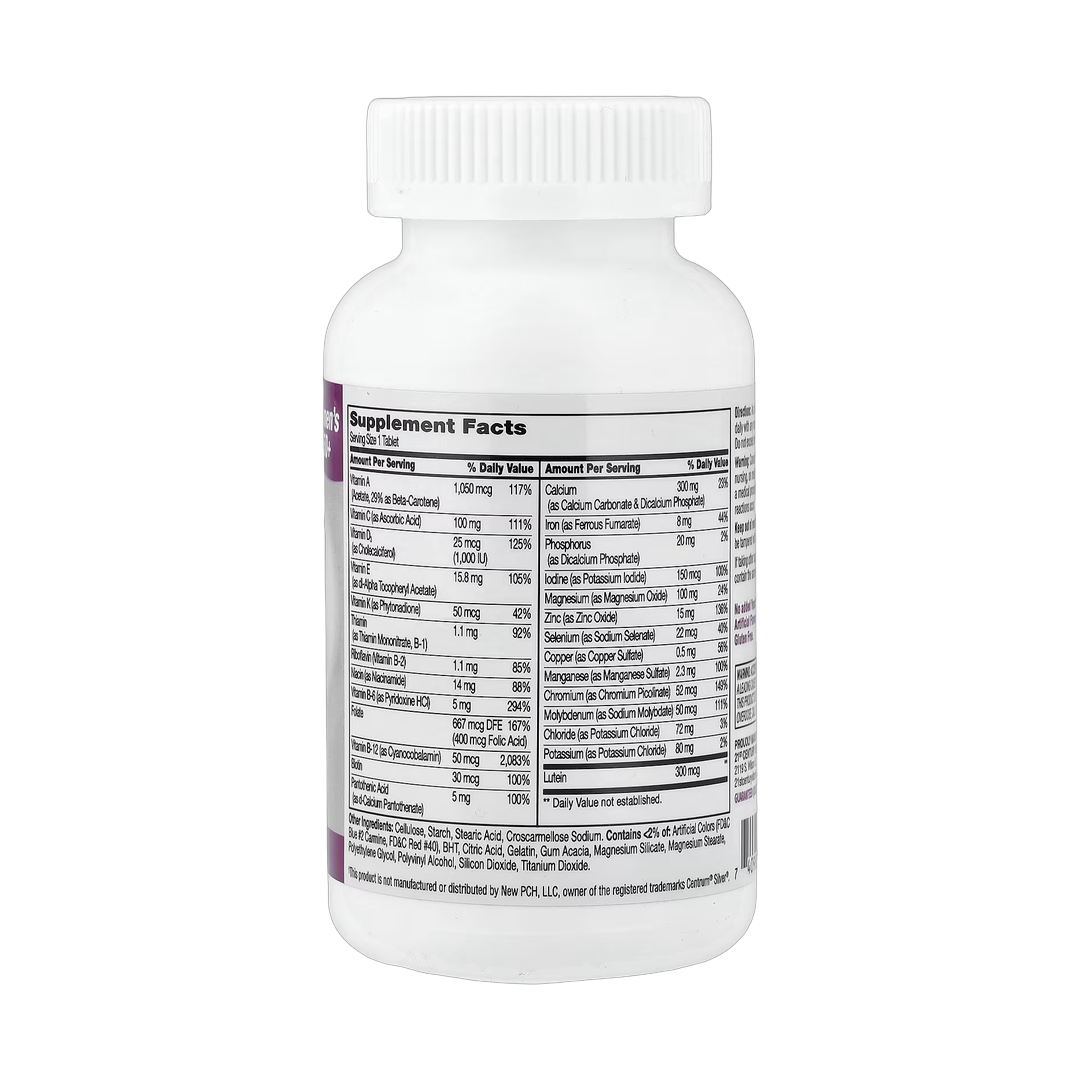 21st Century, Sentry Senior, Women's 50+, Multivitamin & Multimineral Supplement, 100 Tablets back packaging view