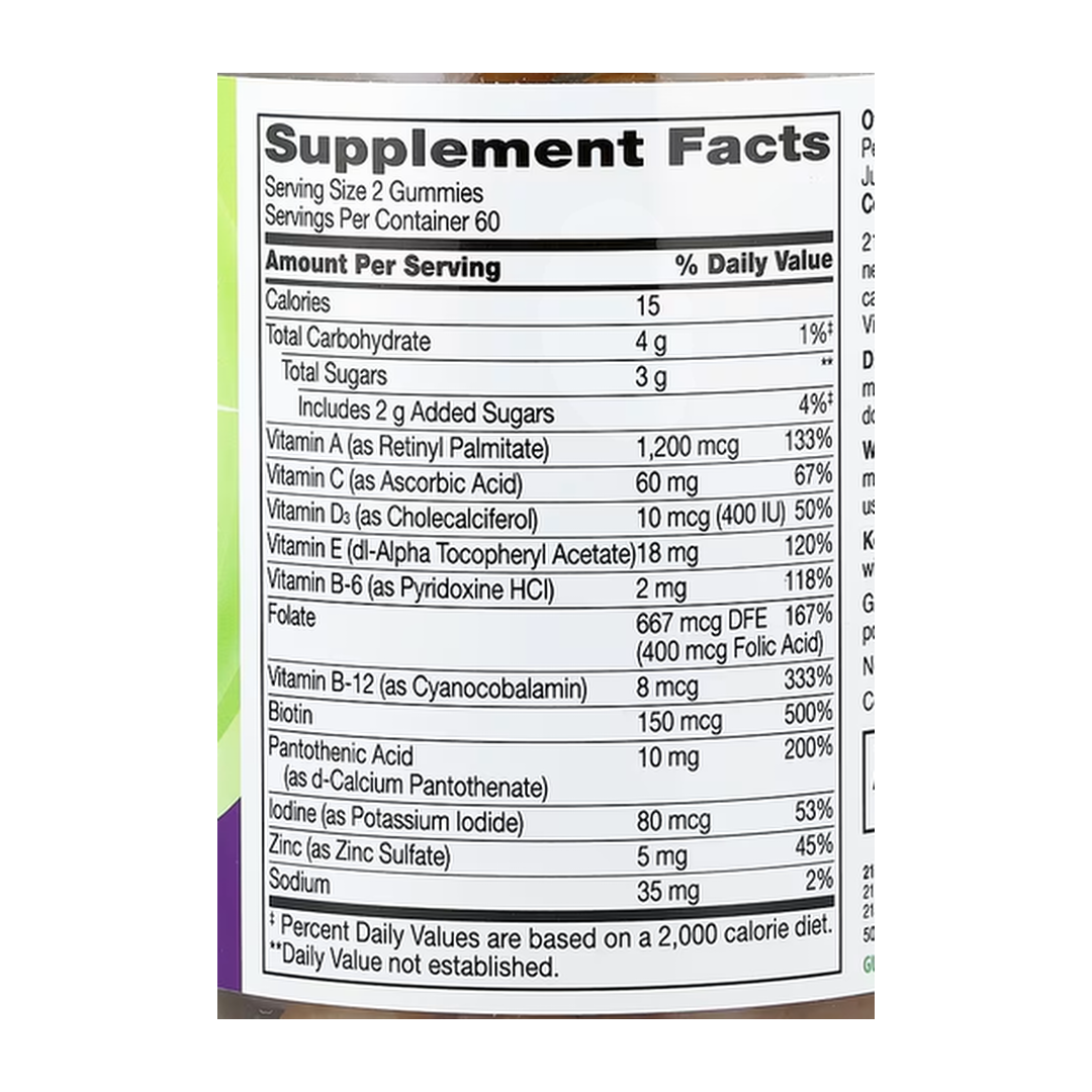 21st Century, VitaJoy® Adult Multi Gummies, Fruit, 120 Gummies supplement facts label showing ingredients, vitamins, minerals, and serving information