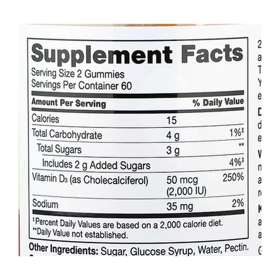 21st Century, VitaJoy® Daily D3 Gummies, Peach, 120 Gummies supplement facts label showing ingredients, vitamins, minerals, and serving information