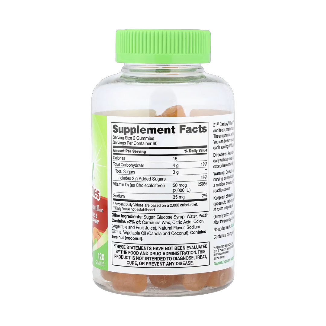 21st Century, VitaJoy Daily D3 Gummies, Peach, 120 Gummies back packaging view