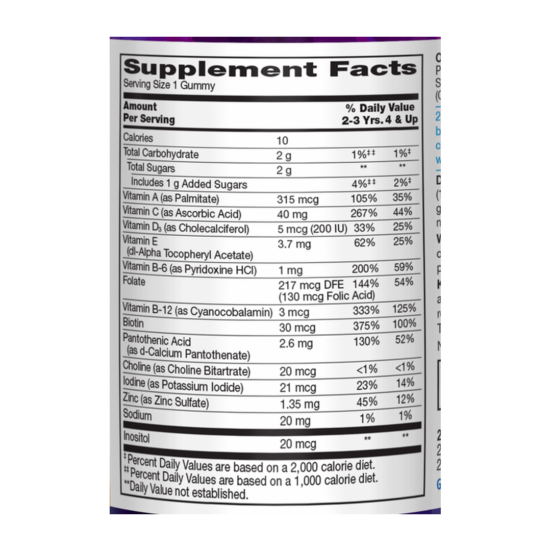 21st Century, Zoo Friends Multi Gummies, Plus Extra C, Great Tasting Fruit, 60 Gummies supplement facts label showing ingredients, vitamins, minerals, and serving information