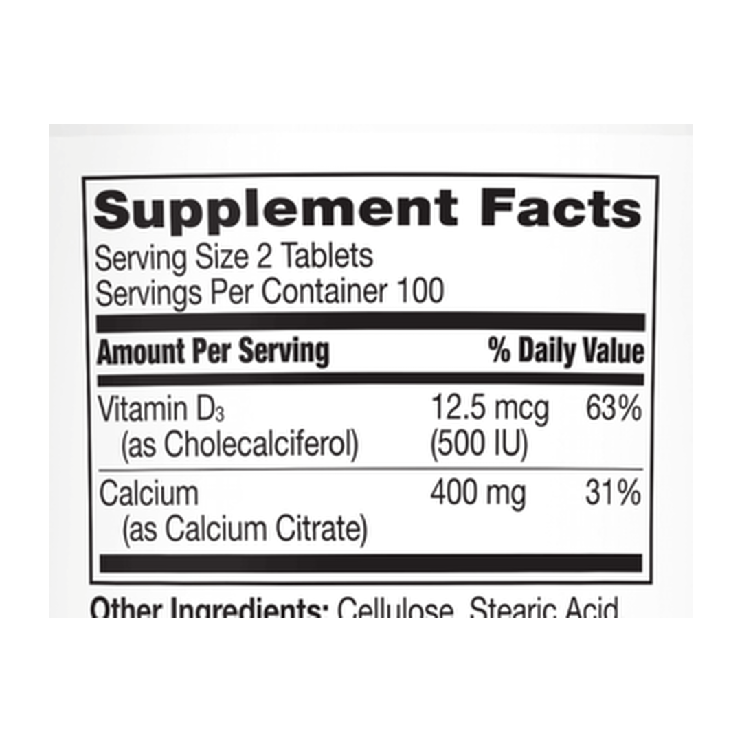 21st Century, Calcium Citrate Petites + D3, 200 Coated Tablets supplement facts label showing ingredients, vitamins, minerals, and serving information