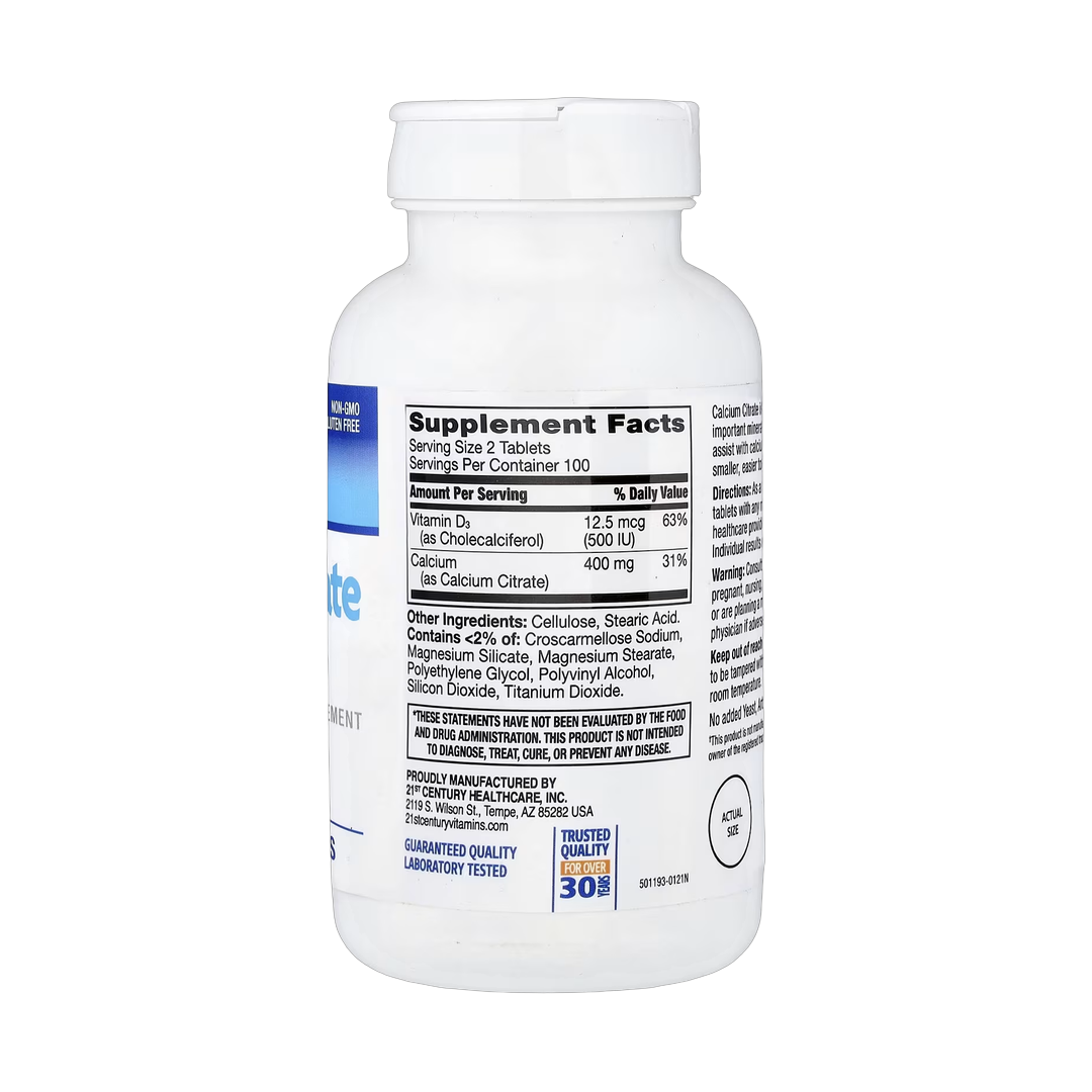 21st Century, Calcium Citrate Petites + D3, 200 Coated Tablets back packaging view