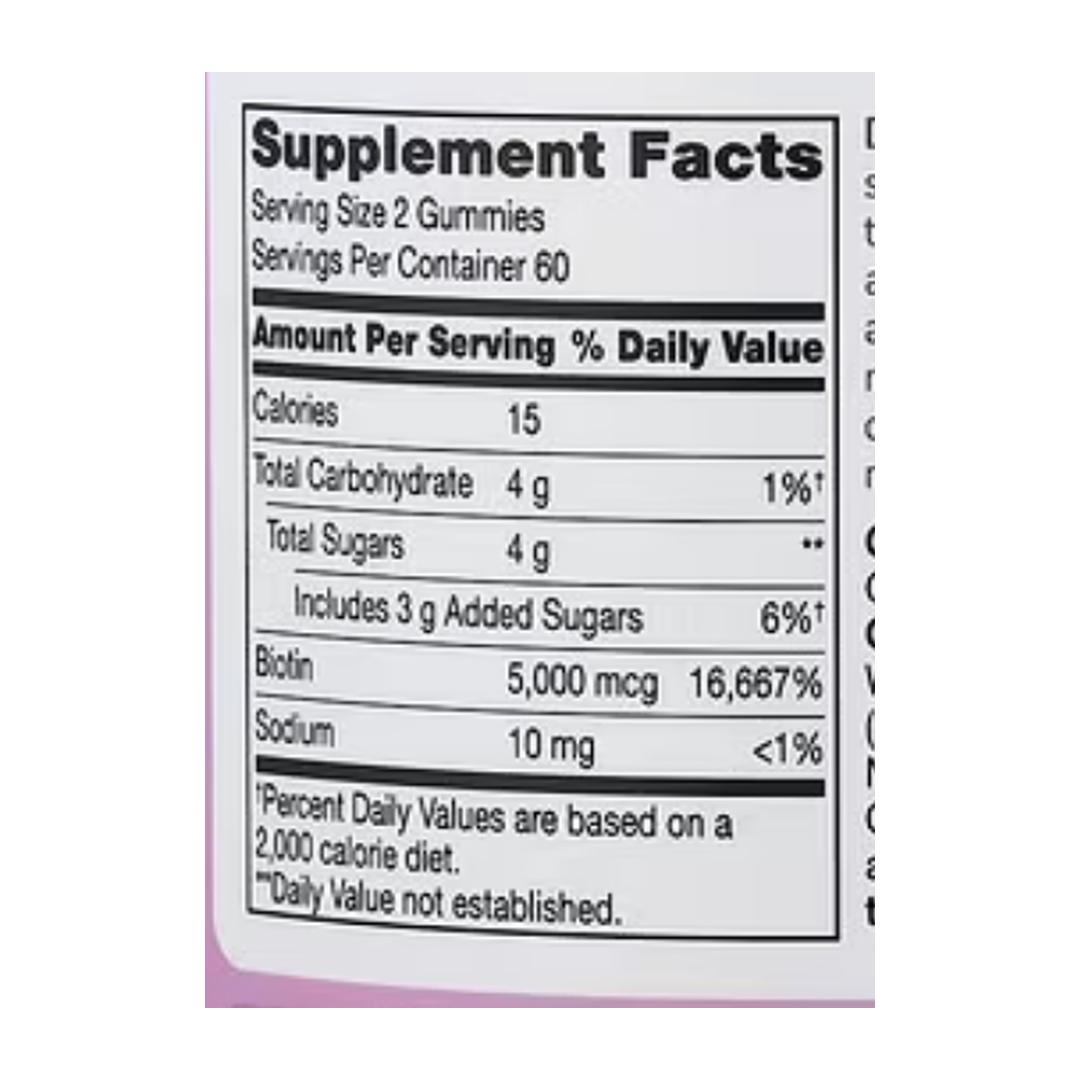 21st Century, Biotin Gummies, Strawberry, 5,000 mcg, 120 Gummies supplement facts label showing ingredients, vitamins, minerals, and serving information