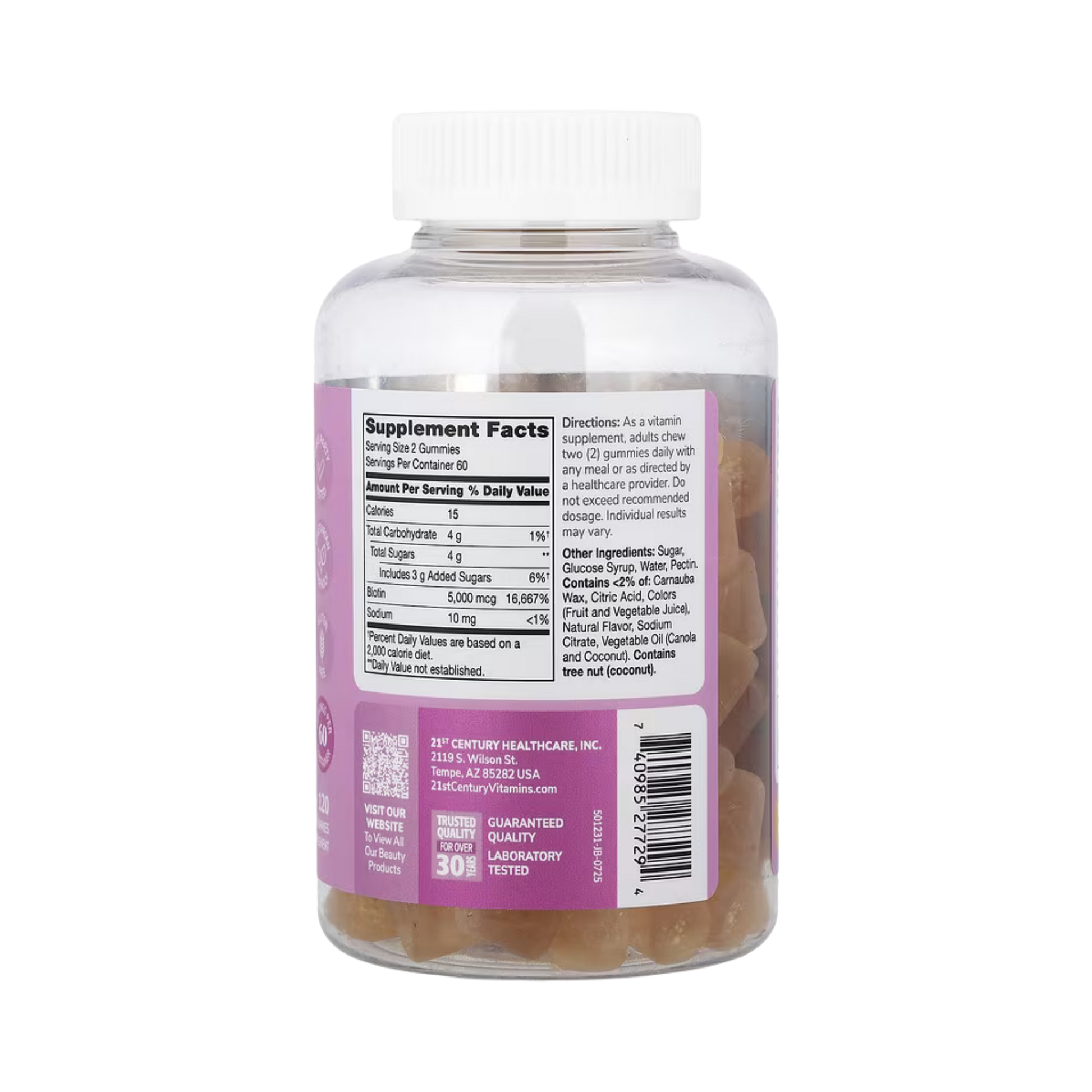 21st Century, Biotin Gummies, Strawberry, 5,000 mcg, 120 Gummies back packaging view