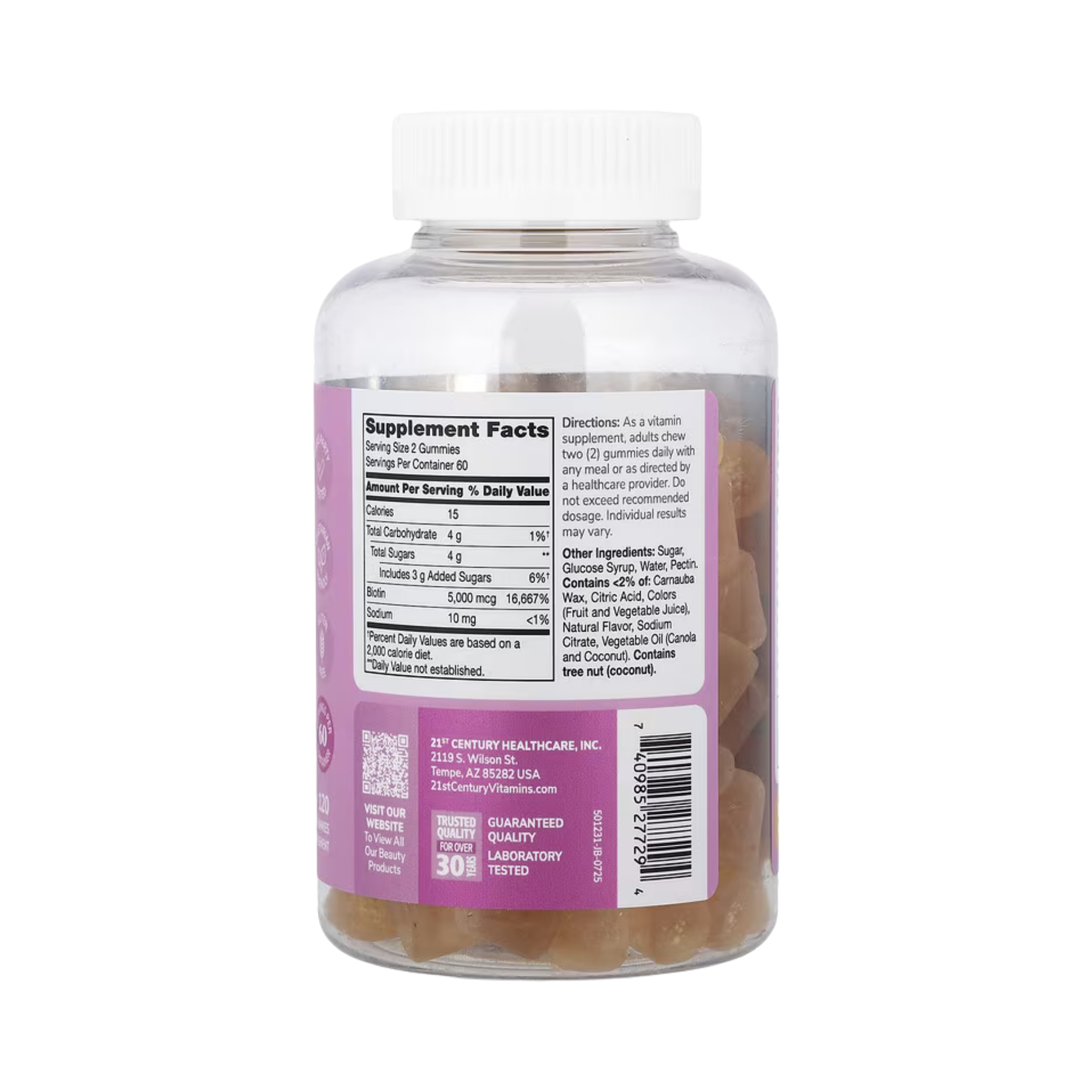 21st Century, Biotin Gummies, Strawberry, 5,000 mcg, 120 Gummies back packaging view