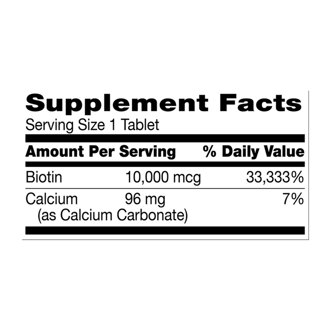 21st Century, Biotin, 10,000 mcg, 120 Tablets supplement facts label showing ingredients, vitamins, minerals, and serving information