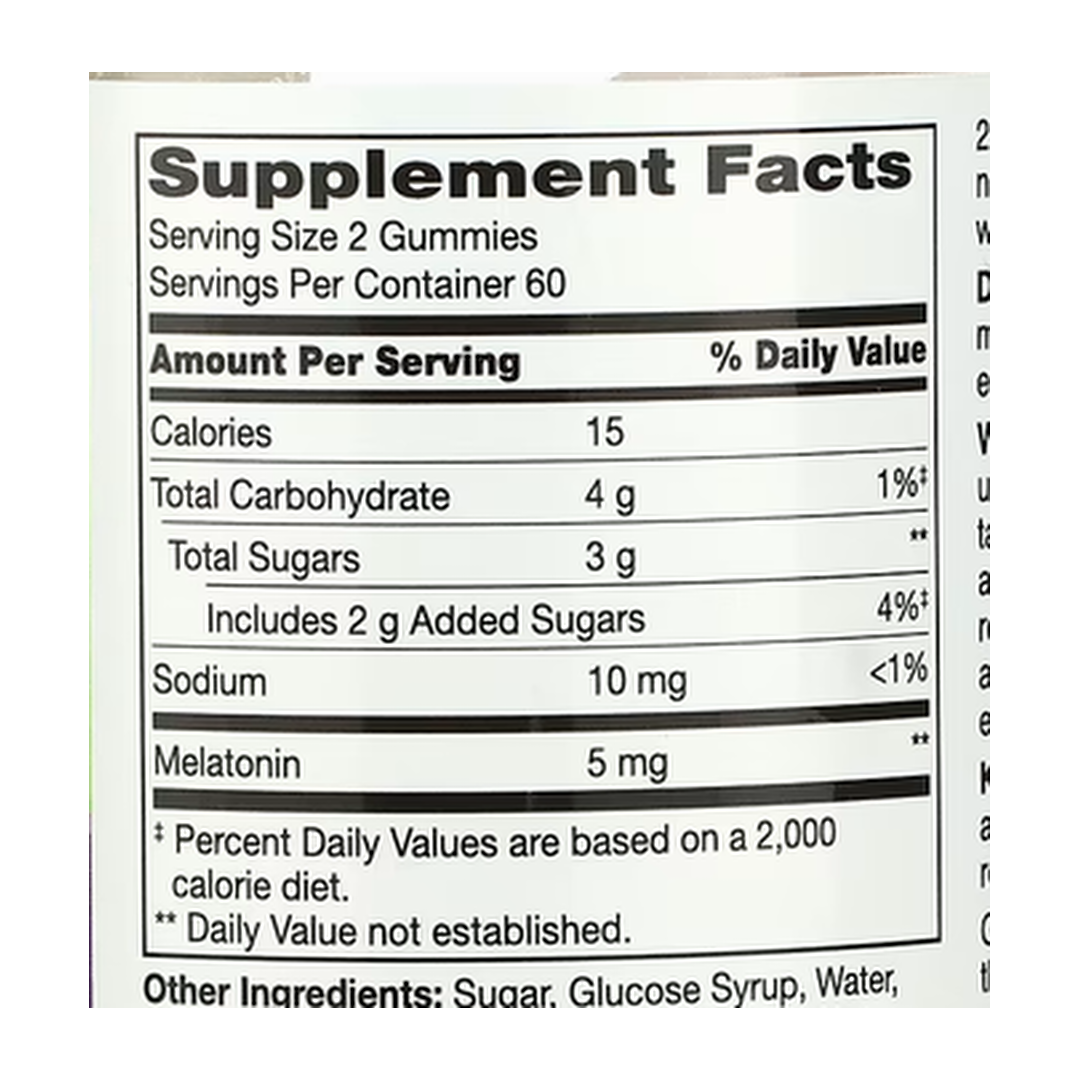 21st Century, VitaJoy® Melatonin Gummies, Strawberry, 120 Gummies supplement facts label showing ingredients, vitamins, minerals, and serving information