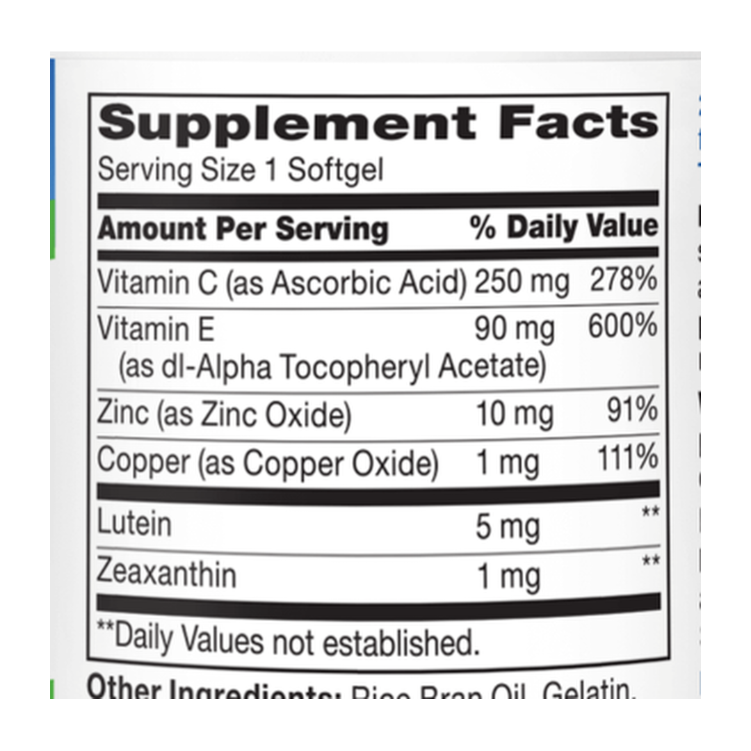 21st Century, Healthy Eyes SuperView2™, 120 Softgels supplement facts label showing ingredients, vitamins, minerals, and serving information