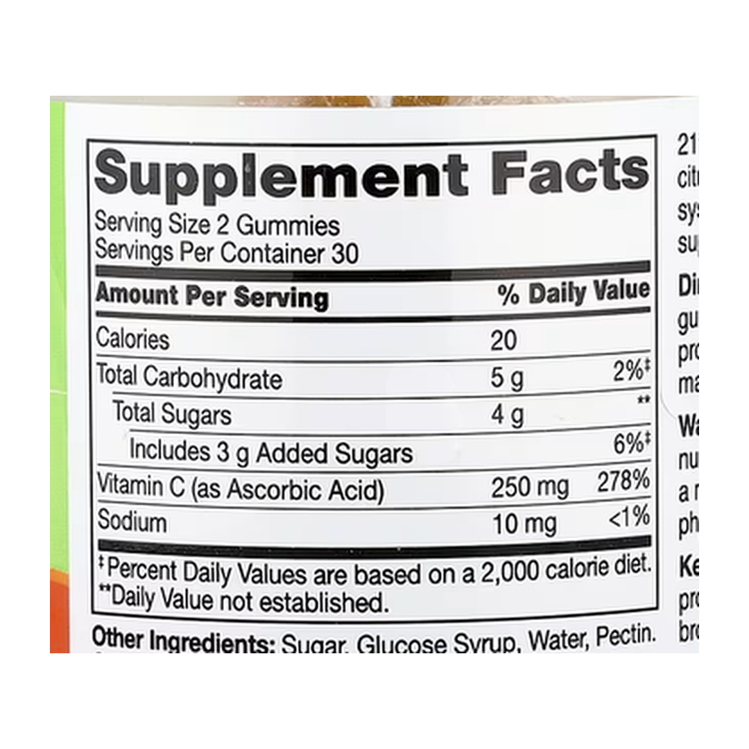 21st Century, VitaJoy® Daily C Gummies, Citrus, 60 Gummies supplement facts label showing ingredients, vitamins, minerals, and serving information