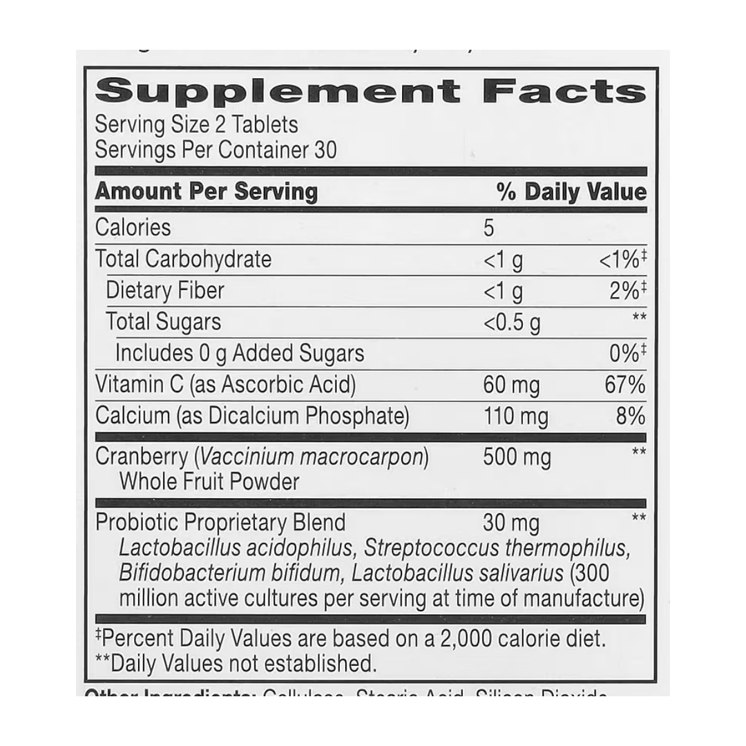 21st Century, Cranberry Plus Probiotic, 60 Tablets supplement facts label showing ingredients, vitamins, minerals, and serving information