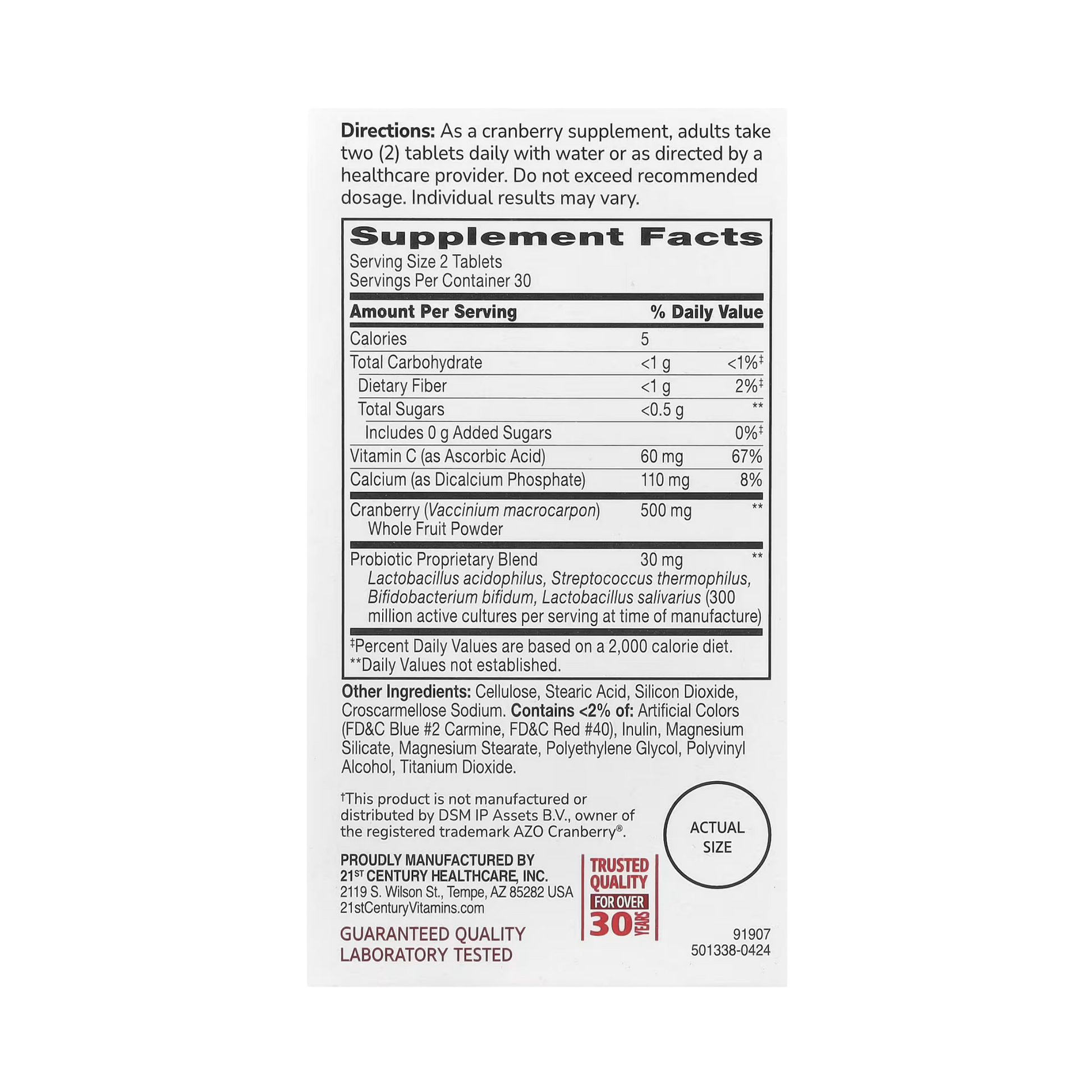 21st Century, Cranberry Plus Probiotic, 60 Tablets back packaging view
