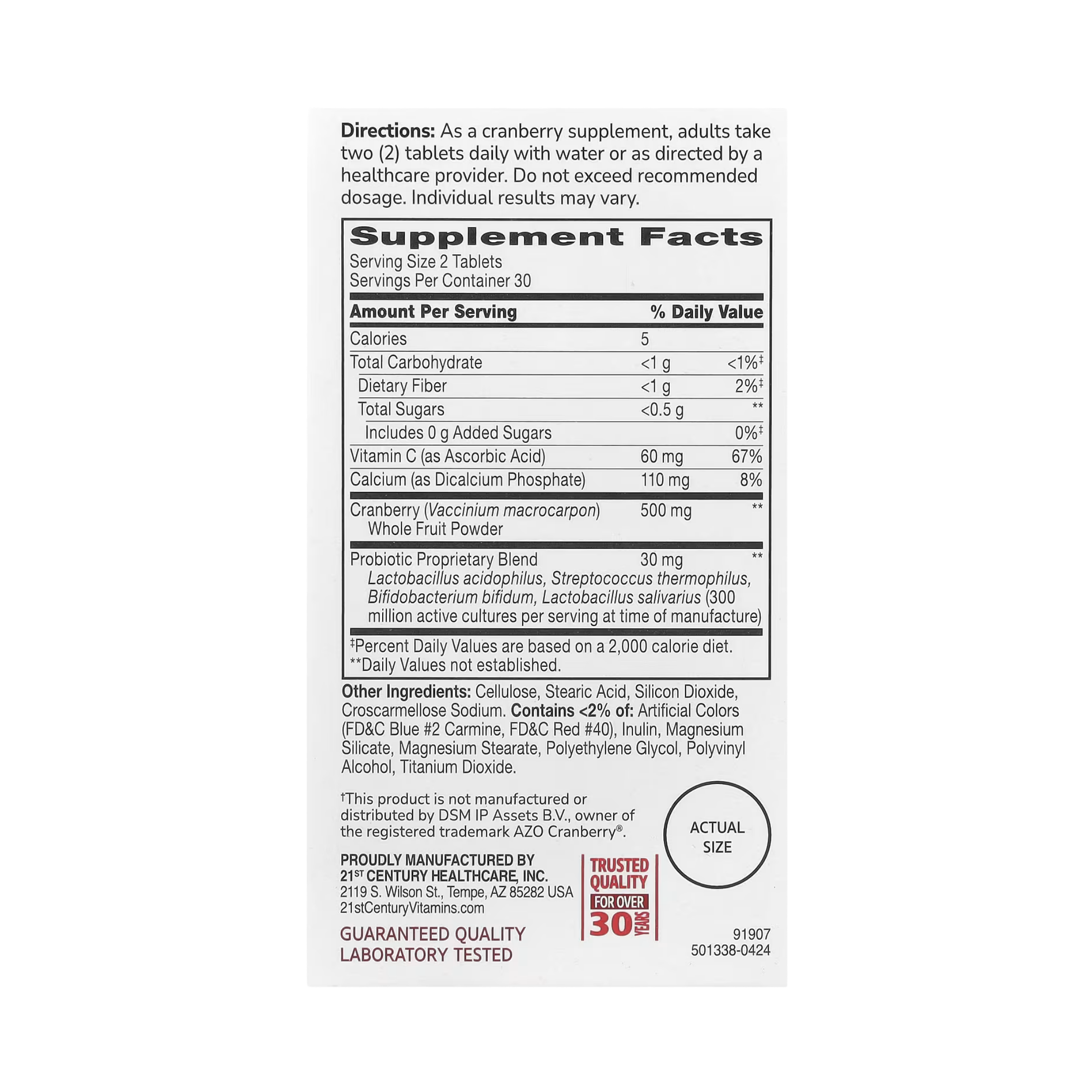 21st Century, Cranberry Plus Probiotic, 60 Tablets back packaging view