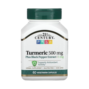 21st Century, Turmeric Plus Black Pepper Extract, 500 mg, 60 Vegetarian Capsules front packaging view