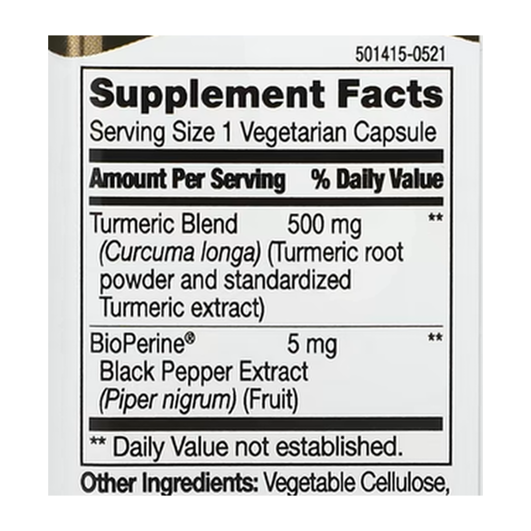 21st Century, Turmeric Plus Black Pepper Extract, 500 mg, 60 Vegetarian Capsules supplement facts label showing ingredients, vitamins, minerals, and serving information