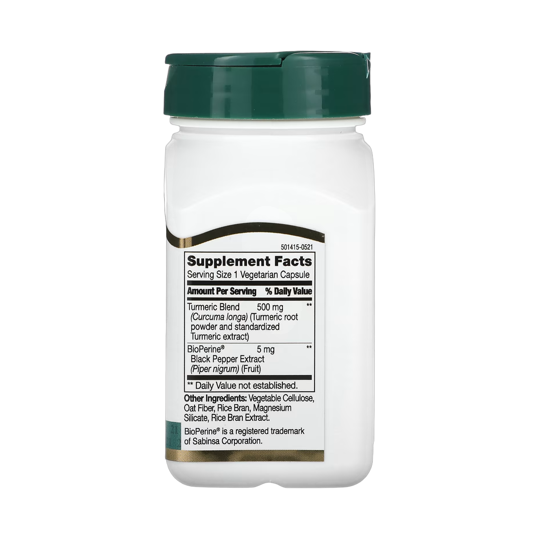 21st Century, Turmeric Plus Black Pepper Extract, 500 mg, 60 Vegetarian Capsules back packaging view