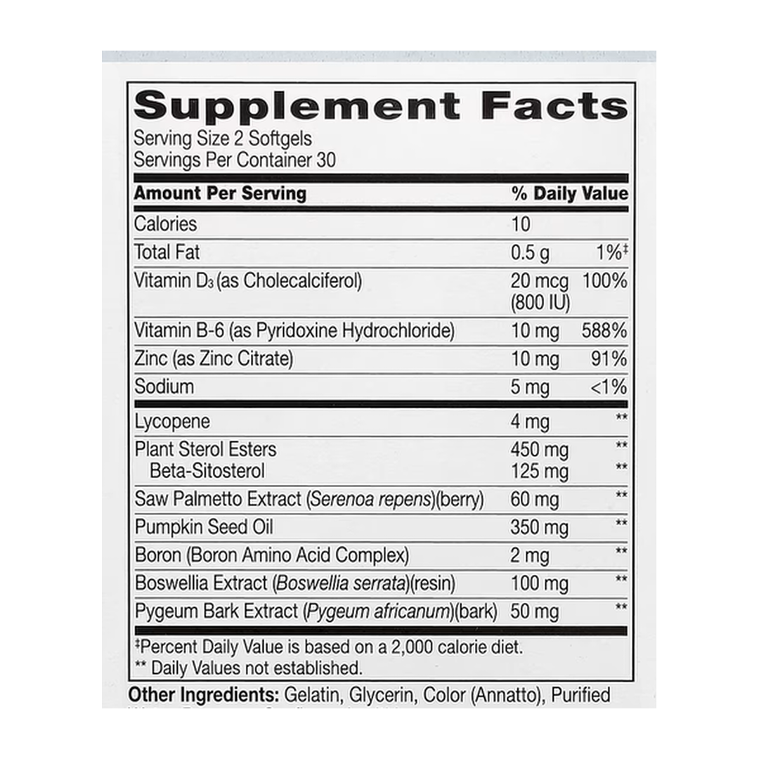 21st Century, Prostate Health with Beta-Sitosterol, 60 Softgels supplement facts label showing ingredients, vitamins, minerals, and serving information