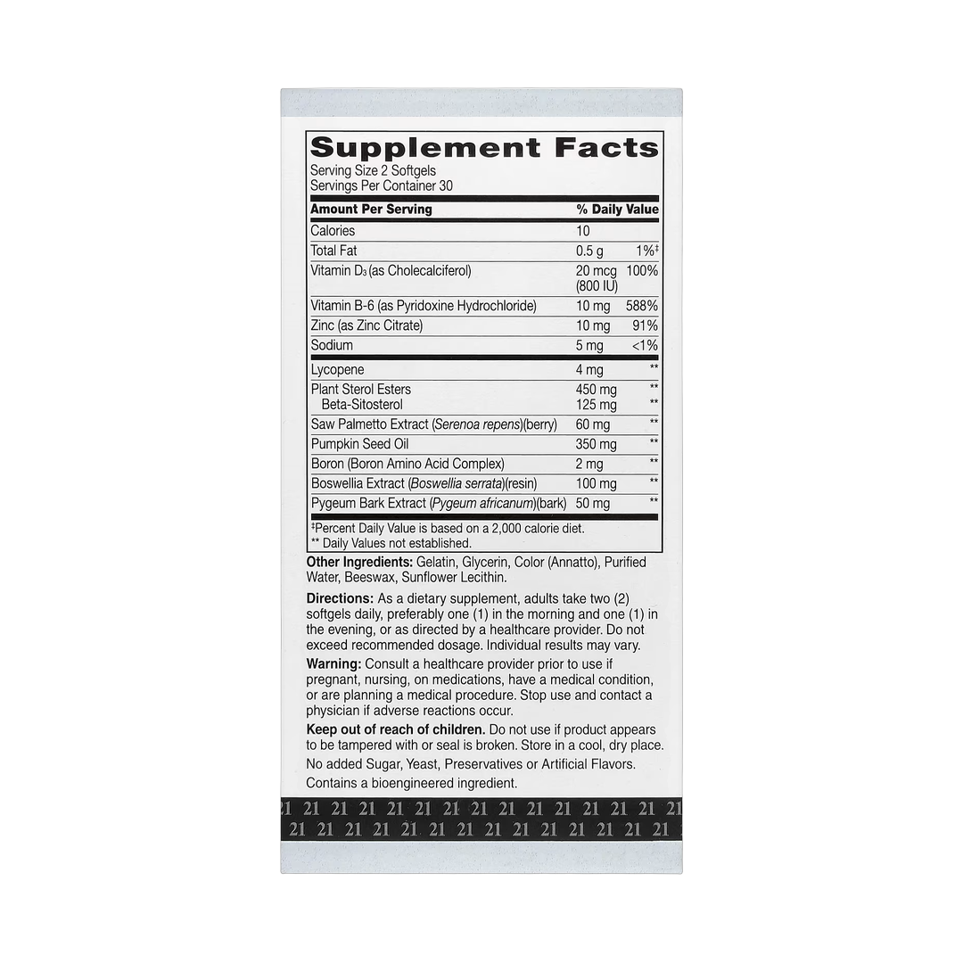 21st Century, Prostate Health with Beta-Sitosterol, 60 Softgels back packaging view