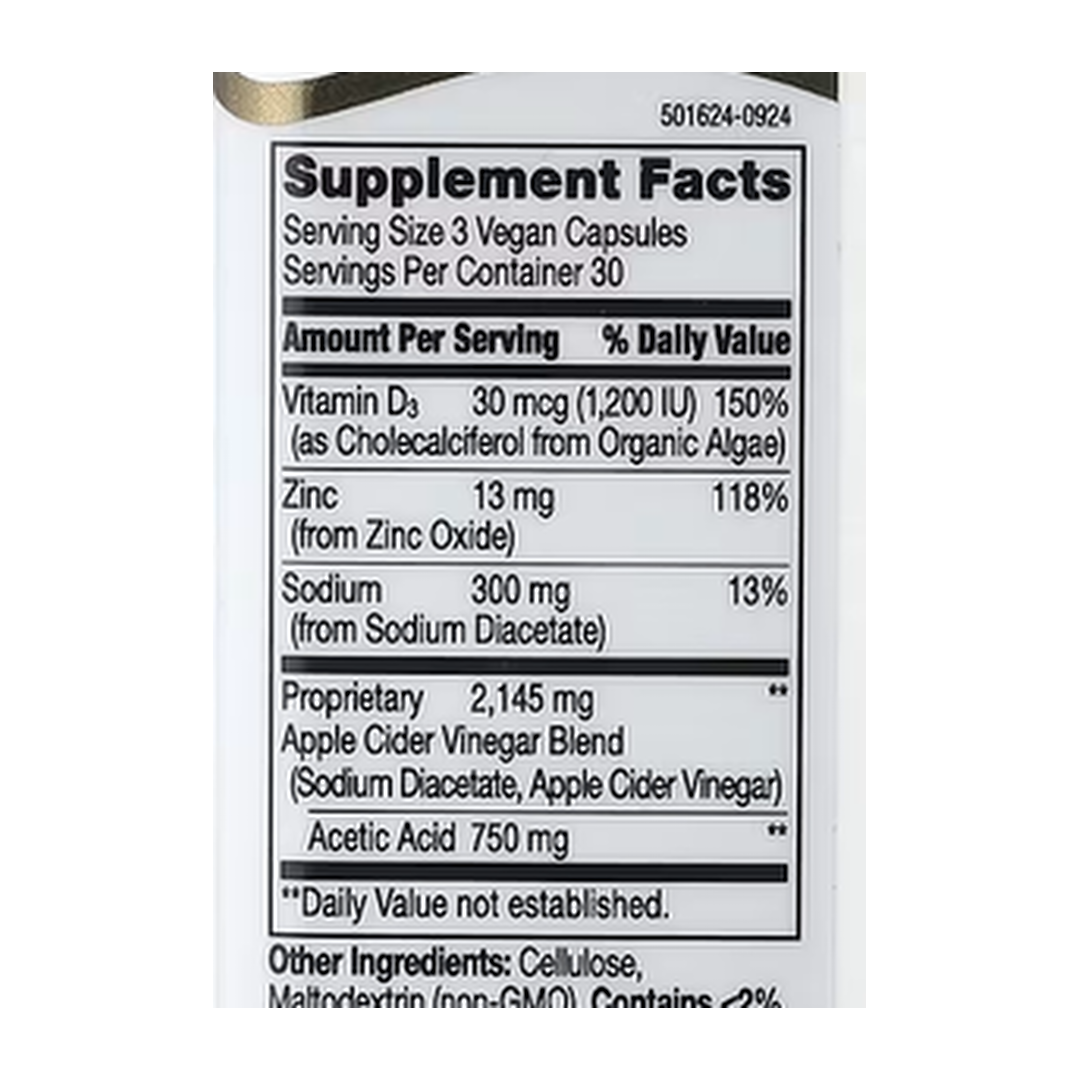 21st Century, Apple Cider Vinegar, 90 Capsules supplement facts label showing ingredients, vitamins, minerals, and serving information