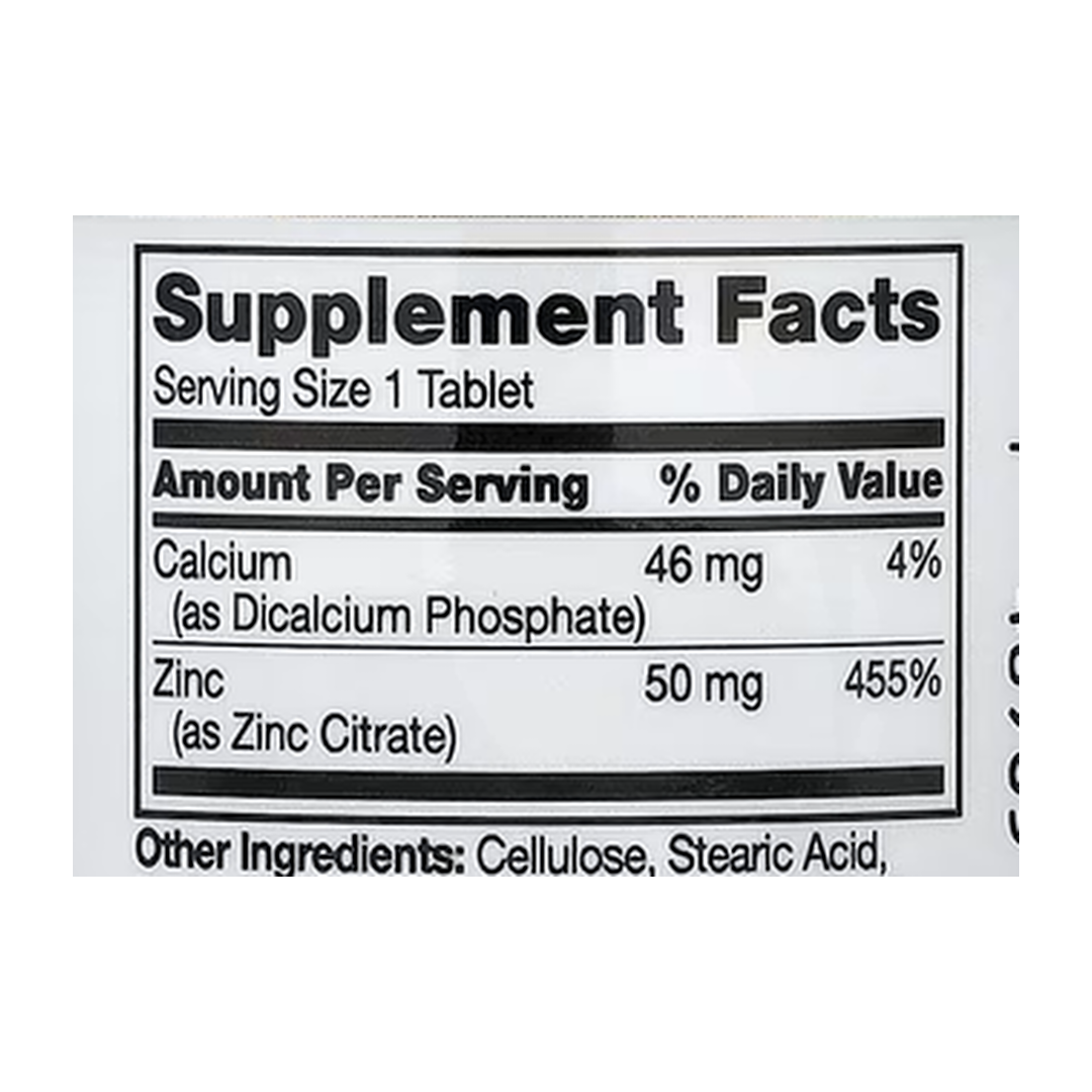 21st Century, Zinc Citrate, 50 mg, 60 Tablets supplement facts label showing ingredients, vitamins, minerals, and serving information