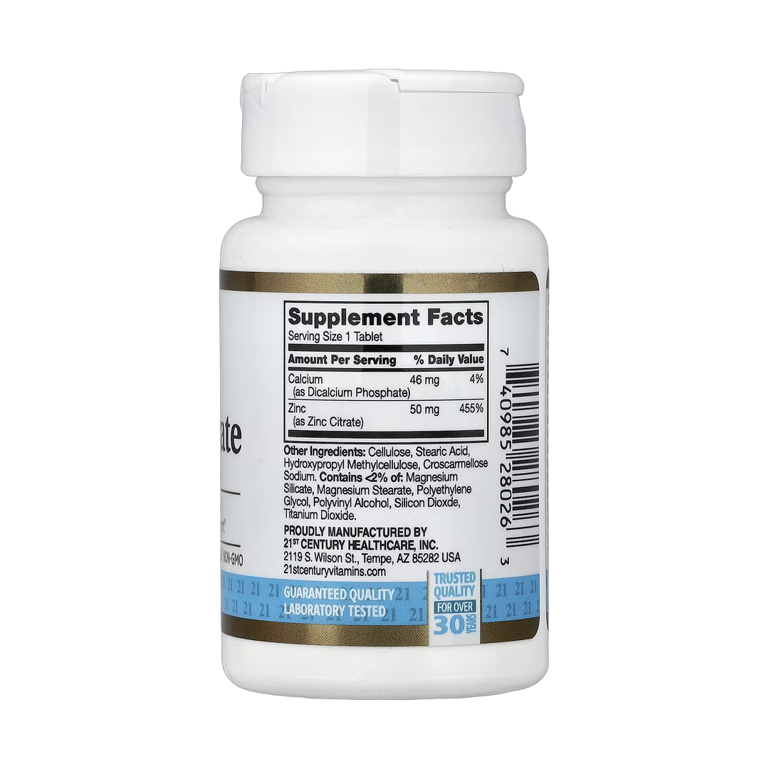 21st Century, Zinc Citrate, 50 mg, 60 Tablets back packaging view
