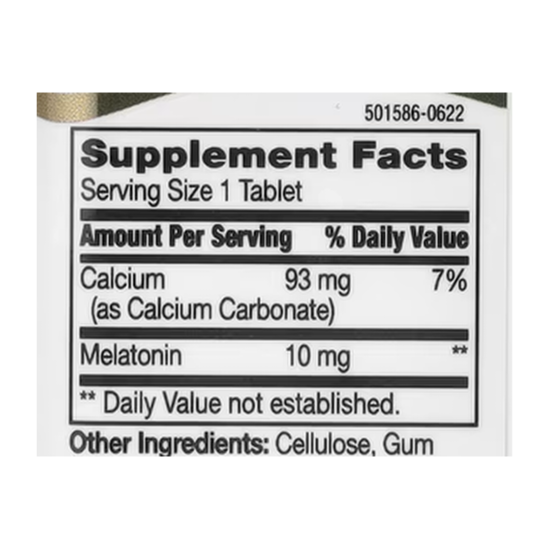 21st Century, Melatonin, Prolonged Release, 10 mg, 120 Tablets supplement facts label showing ingredients, vitamins, minerals, and serving information