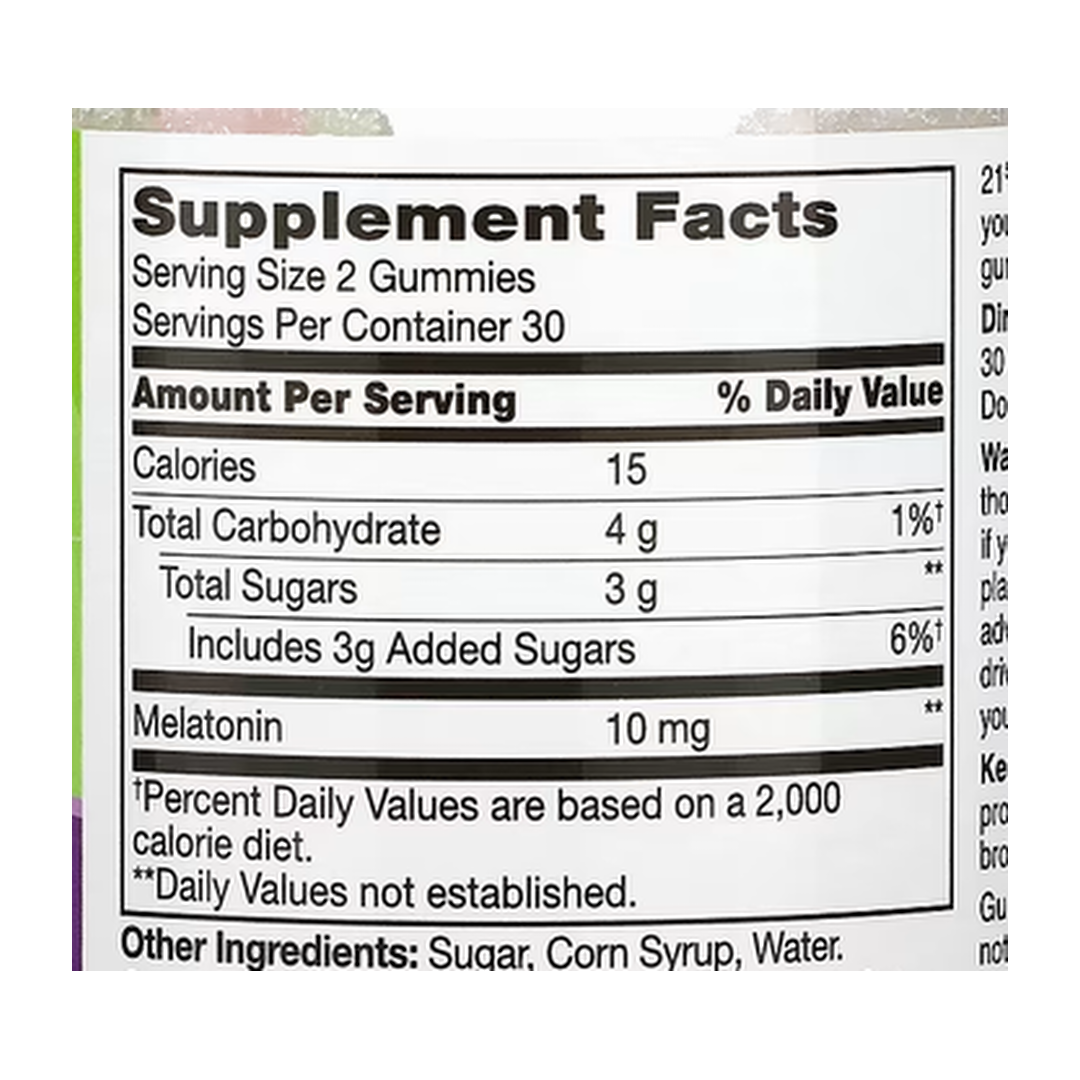 21st Century, VitaJoy® Melatonin Gummies, Strawberry, 60 Gummies supplement facts label showing ingredients, vitamins, minerals, and serving information