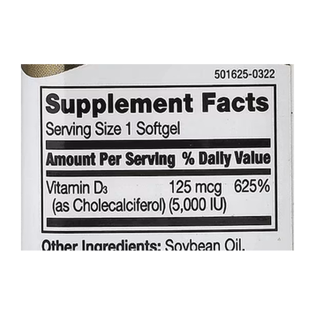21st Century, Vitamin D3, 125 mcg (5,000 IU), 110 Rapid Release Softgels supplement facts label showing ingredients, vitamins, minerals, and serving information