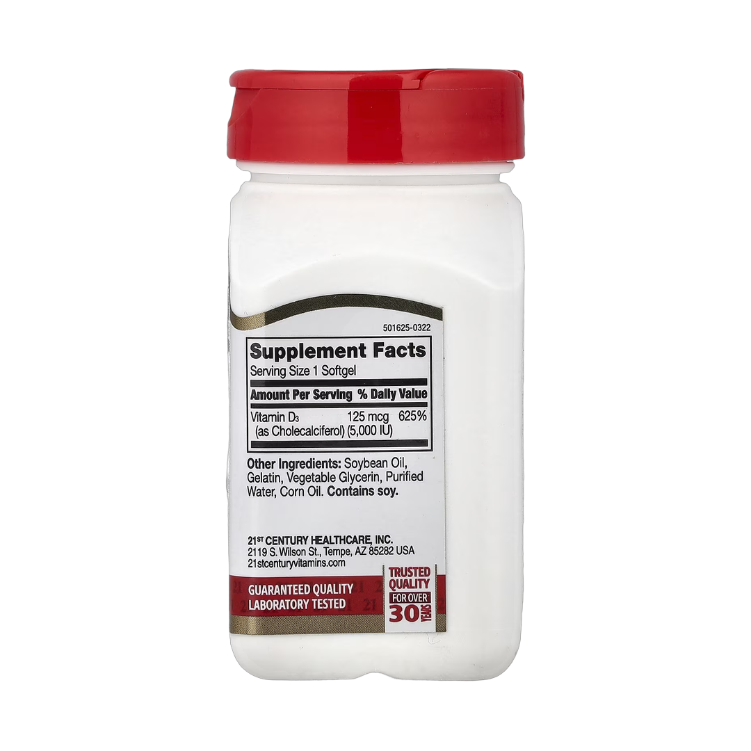 21st Century, Vitamin D3, 125 mcg (5,000 IU), 110 Rapid Release Softgels back packaging view