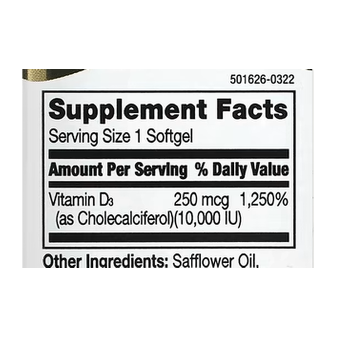 21st Century, Vitamin D3, 250 mcg (10,000 IU), 110 Rapid Release Softgels supplement facts label showing ingredients, vitamins, minerals, and serving information