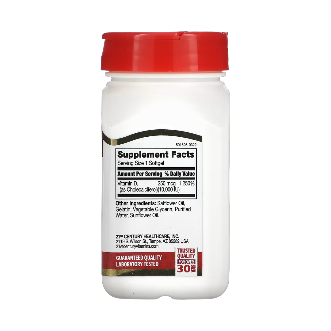 21st Century, Vitamin D3, 250 mcg (10,000 IU), 110 Rapid Release Softgels back packaging view