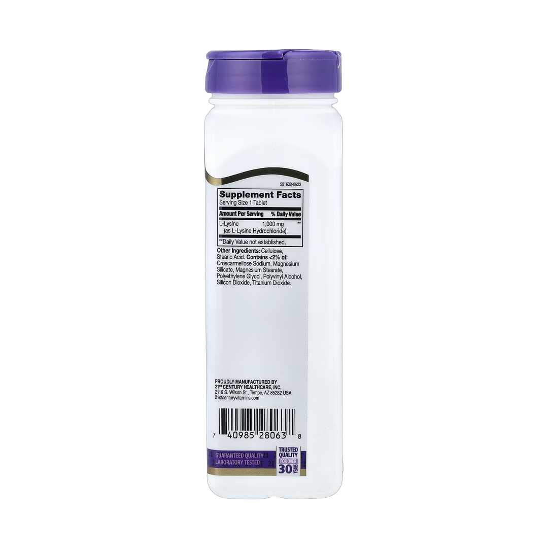 21st Century, L-Lysine, 1,000 mg, 90 Tablets back packaging view