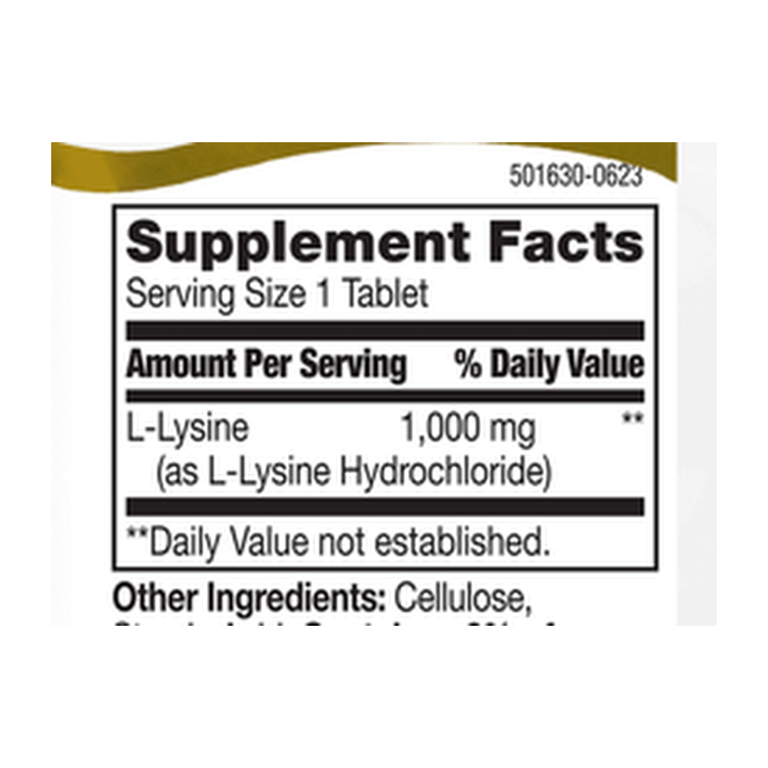 21st Century, L-Lysine, 1,000 mg, 90 Tablets supplement facts label showing ingredients, vitamins, minerals, and serving information