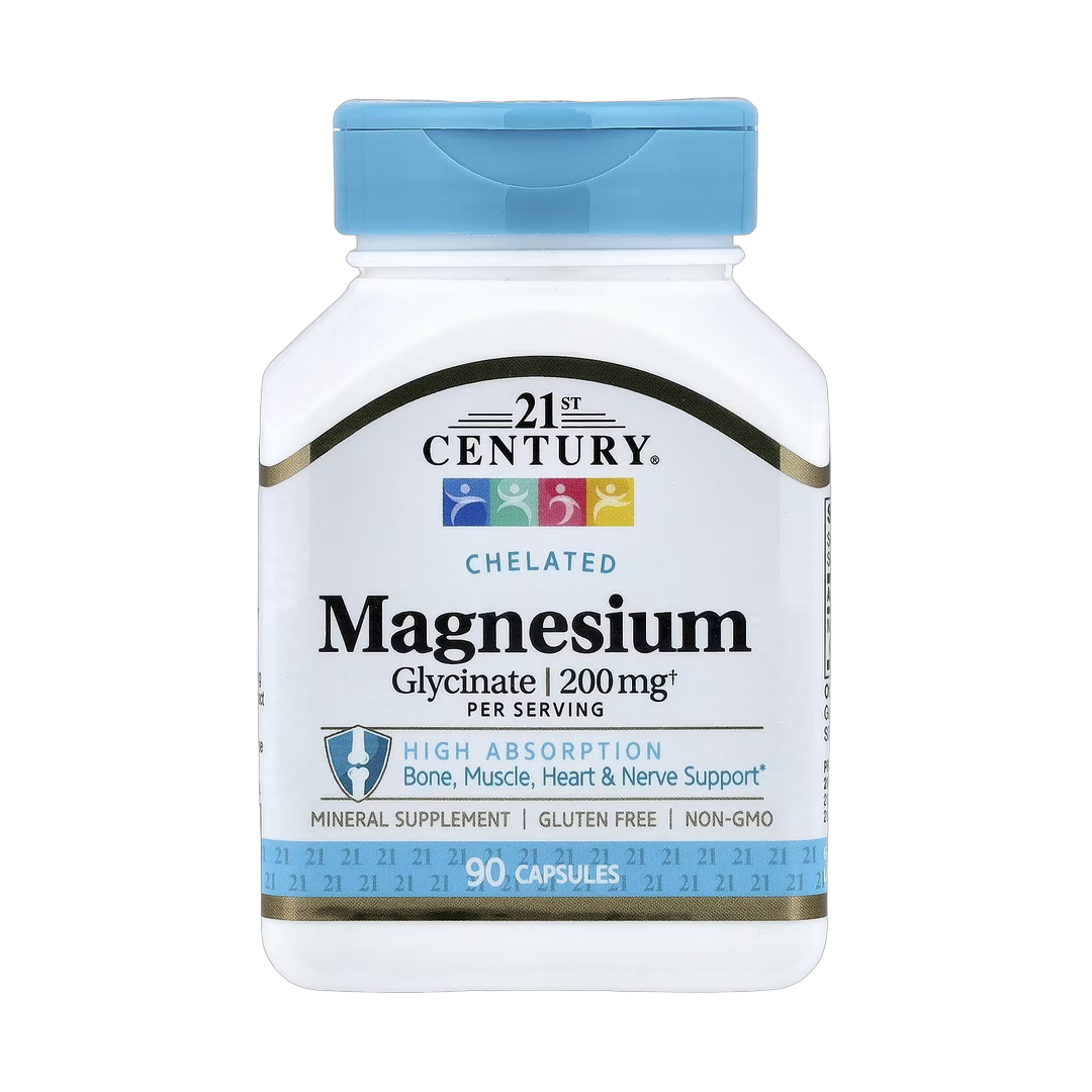 21st Century, Chelated Magnesium Glycinate, 90 Capsules, (100 mg per Capsule) front packaging view