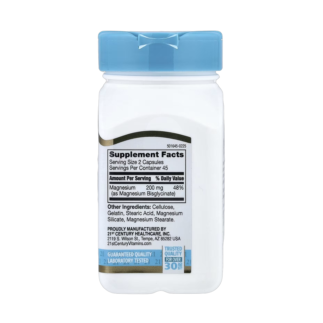 21st Century, Chelated Magnesium Glycinate, 90 Capsules, (100 mg per Capsule) back packaging view