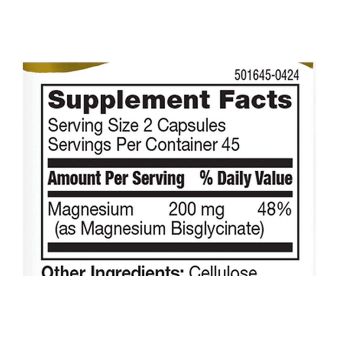 21st Century, Chelated Magnesium Glycinate, 90 Capsules, (100 mg per Capsule) supplement facts label showing ingredients, vitamins, minerals, and serving information